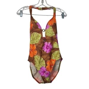Beach Bay Brown Floral Green Purple Orange Print One Piece Swimsuit 8
